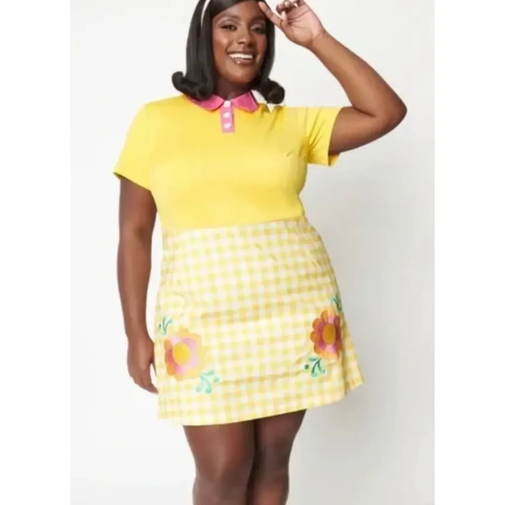 Smak Parlour Smiley Yellow Gingham Mini Dress 2X NWOT - Picture 2 of 3